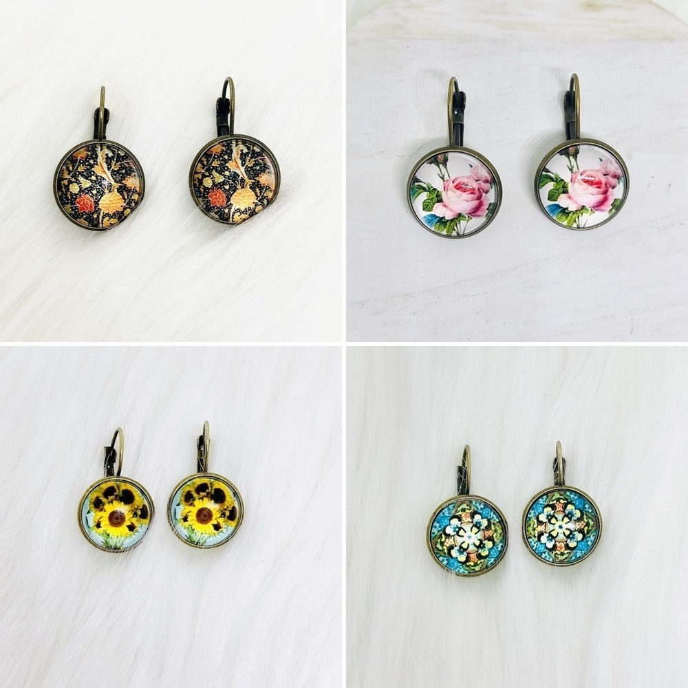 Vintage Feel Floral Print Design Earrings 4 pairs